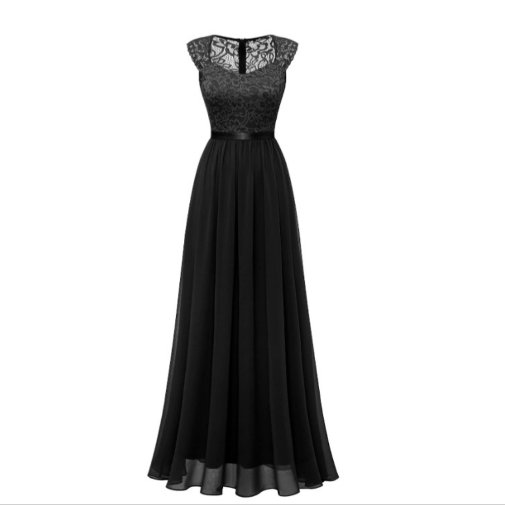 Black Gown, Satin Underskirt over Chiffon, Lace top.